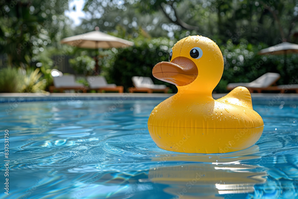 An inflatable yellow duck in the swimming pool, summer time for kids and family fun activities at home or in hotel outdoor areas with copy space. 