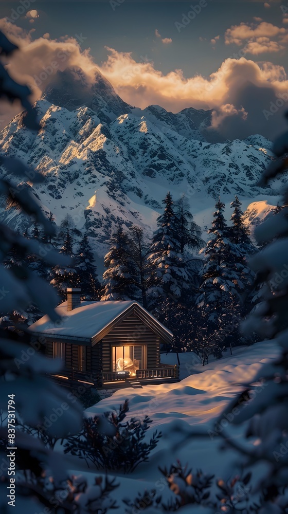 Cozy Mountain Cabin Amidst SnowCapped Peaks Warm Fireplace Glow Through Windows