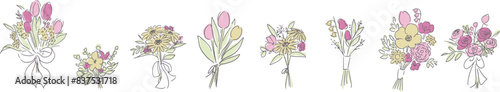 線画の花束イラスト。花束のベクターイラスト。手描きのウェディングブーケイラストセット。Bouquet illustration of line drawing. Vector illustration of bouquet. Hand drawn wedding bouquet last set.