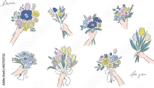 線画の花束イラスト。花束のベクターイラスト。手描きのウェディングブーケイラストセット。Bouquet illustration of line drawing. Vector illustration of bouquet. Hand drawn wedding bouquet last set.