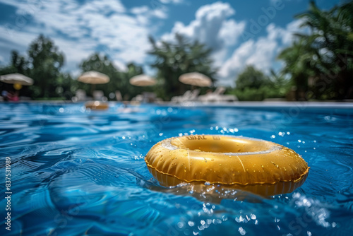 Close up of a yellow inflatable ring floating on blue water in a swimming pool with a summer background, sunny day, blue sky and clouds, blurry resort hotel and beach loungers in the distance. photo