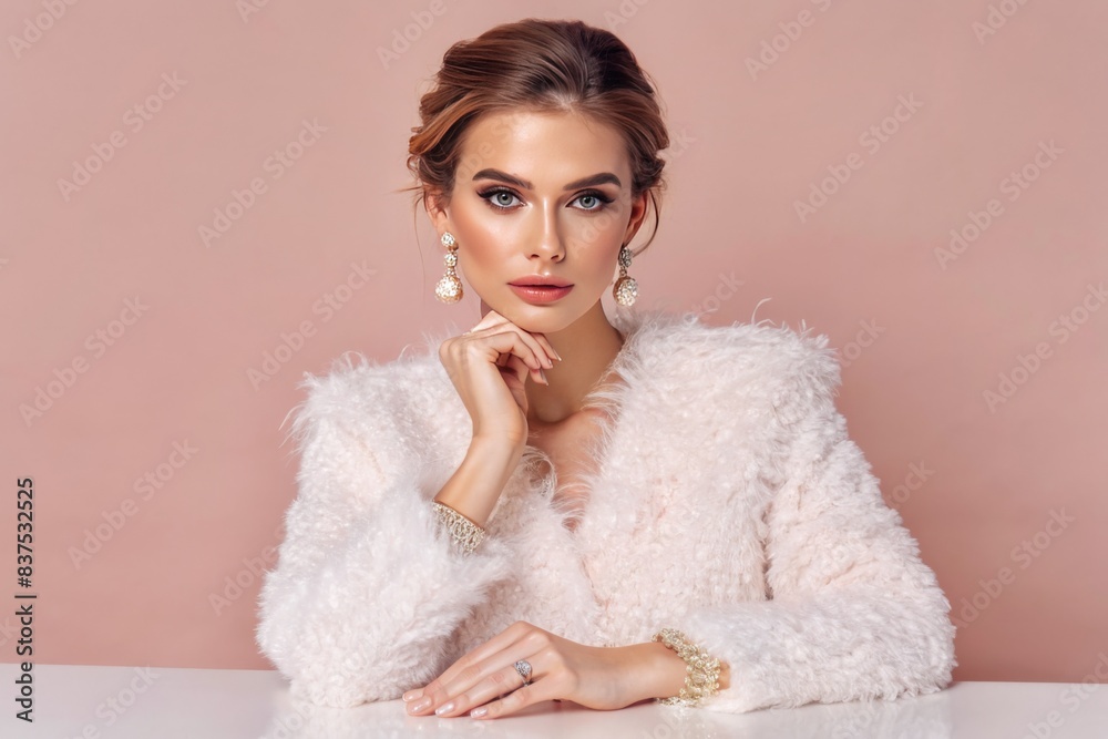 A woman is sitting at a table wearing a white fur coat and a gold necklace A woman is sitting at a table wearing a white fur coat and a gold necklace