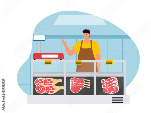 Male butcher selling meat. Supermarket vector illustration