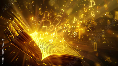 Open ornate golden book with glowing numbers and smoke on dark surface with smoke rising from pages. Swirling, glimmering ancient numerological symbols, runes and digits. Mystical arcane knowledge.