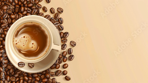 White ceramic cup with freshly brewed coffee, around which fragrant roasted coffee beans with oily sheen hinting scattered around on brown background. Alluring aroma, rich flavor. Top view. Copy space