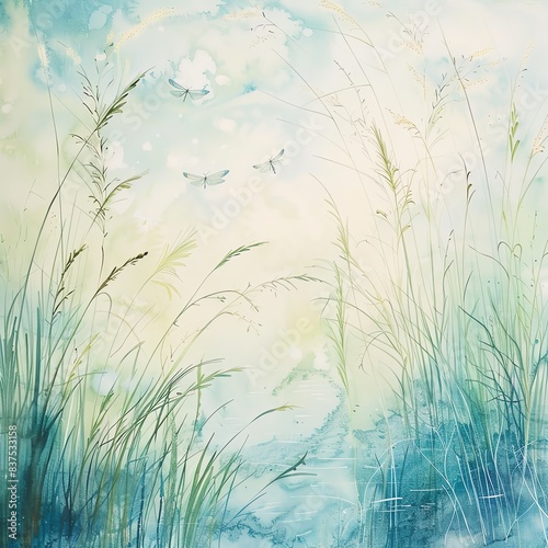 A soft, dreamy watercolor scene of tall grass by a pond, with delicate damselflies resting on the blades, painted in gentle pastel hues