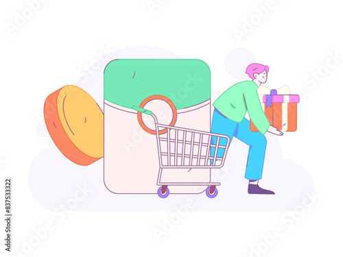 Holiday shopping people doing e-commerce online shopping flat vector concept operation hand drawn illustration
