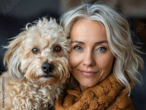 A woman with white hair and a dog.