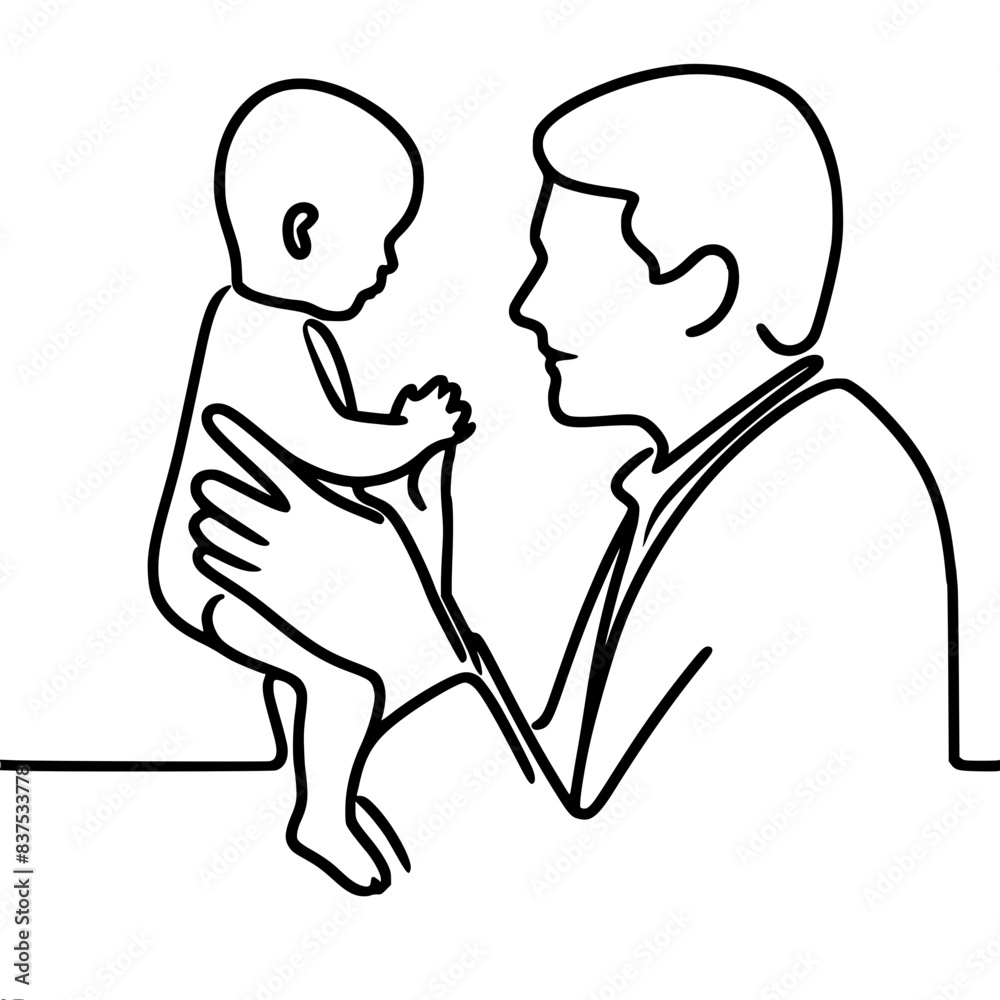 Description: Adult holding child in cookies in front of him, father, black and white minimalism, linear vector illustration. Description: Adult holding child in cookies in front of him, father, black and white minimalism, linear vector illustration.