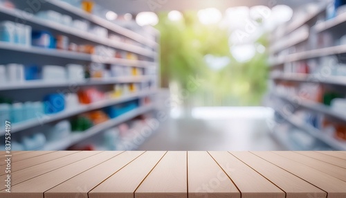 shelf in pharmacy, Pharmacy rustic an empty light wooden table counter with medicines healthcare product arranged on shelves in drugstore blurred defocused background wallpaper