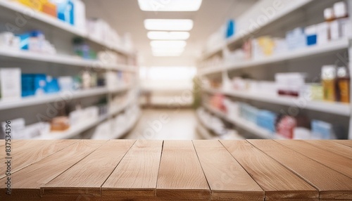 shelves in the pharmacy, Pharmacy rustic an empty light wooden table counter with medicines healthcare product arranged on shelves in drugstore blurred defocused background wallpaper