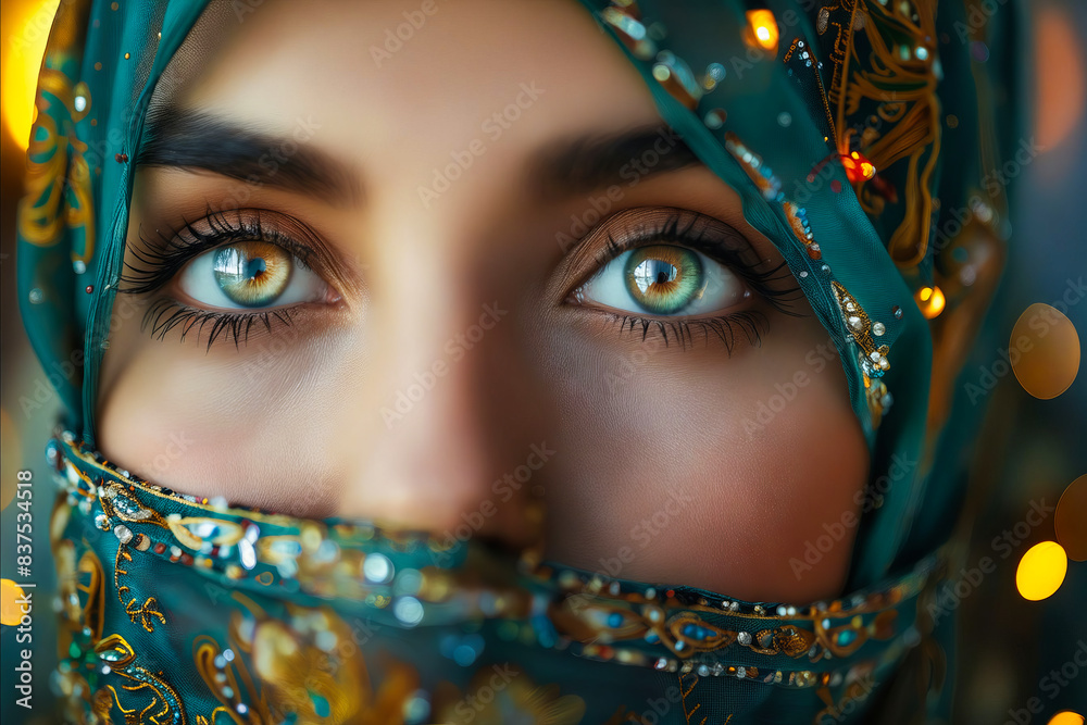 A woman with blue eyes and a scarf.