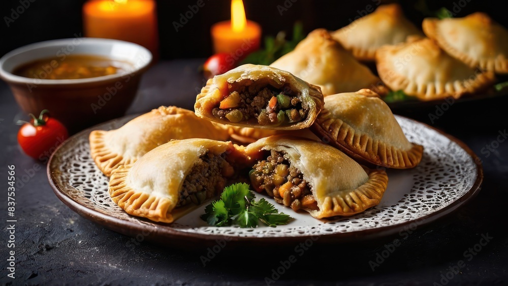 Artfully Arranged Meat Pastry Selection on Plate, Gourmet Delicacies Artfully Arranged Meat Pastry Selection on Plate, Gourmet Delicacies