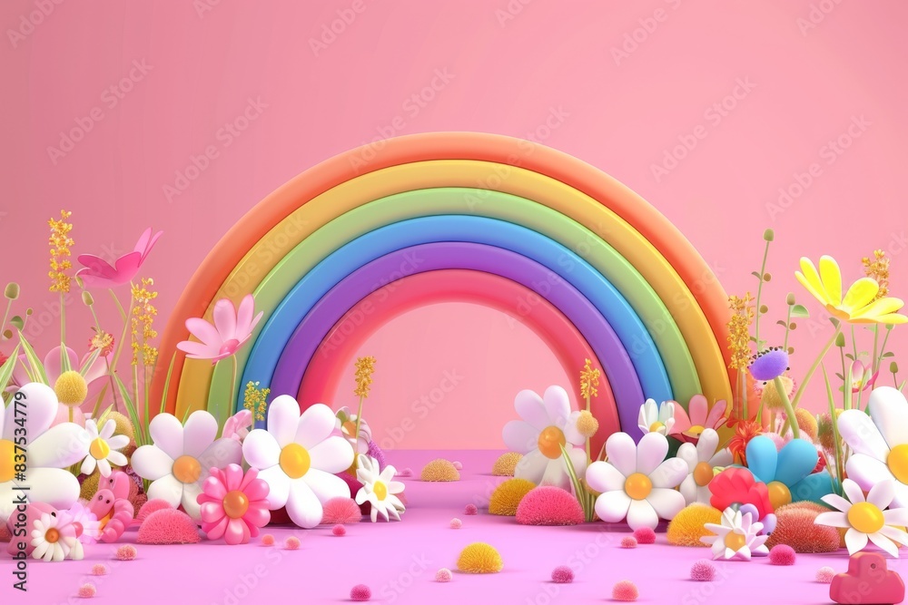 3d rainbows in candy pastel color yellow, pink, purple, blue. Cute plastic rainbow with clouds. 3d rendering spring illustration suitable for decoration of Birthday, product, banner