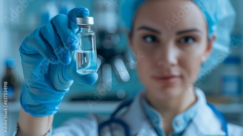 A woman in a white lab coat holding a bottle of medicine