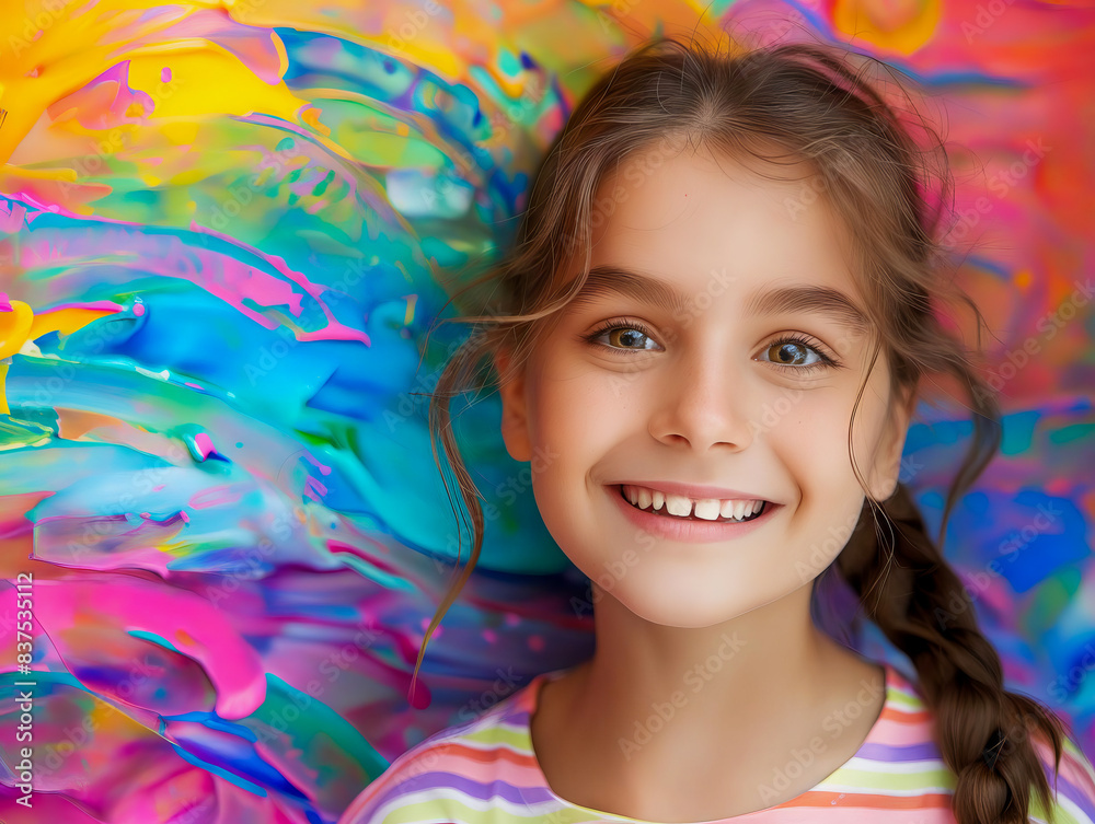 A little girl smiling in front of colorful paint. A little girl smiling in front of colorful paint.