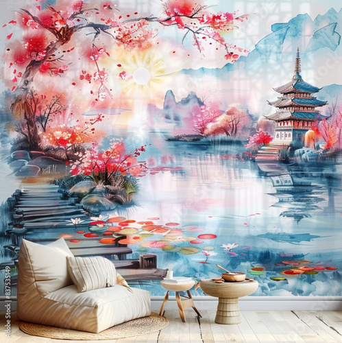 japanese landscape with japanese cherry blossoms, water, and a pagoda. Light, airy, claming, for wall mural photo