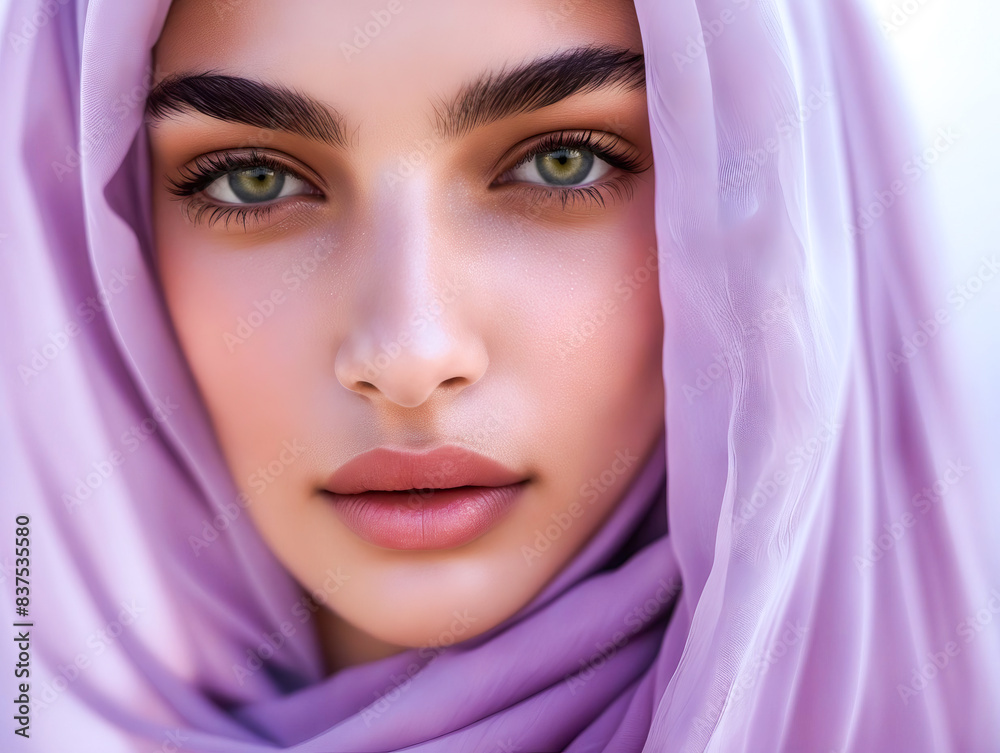 A beautiful woman wearing a purple hijab.