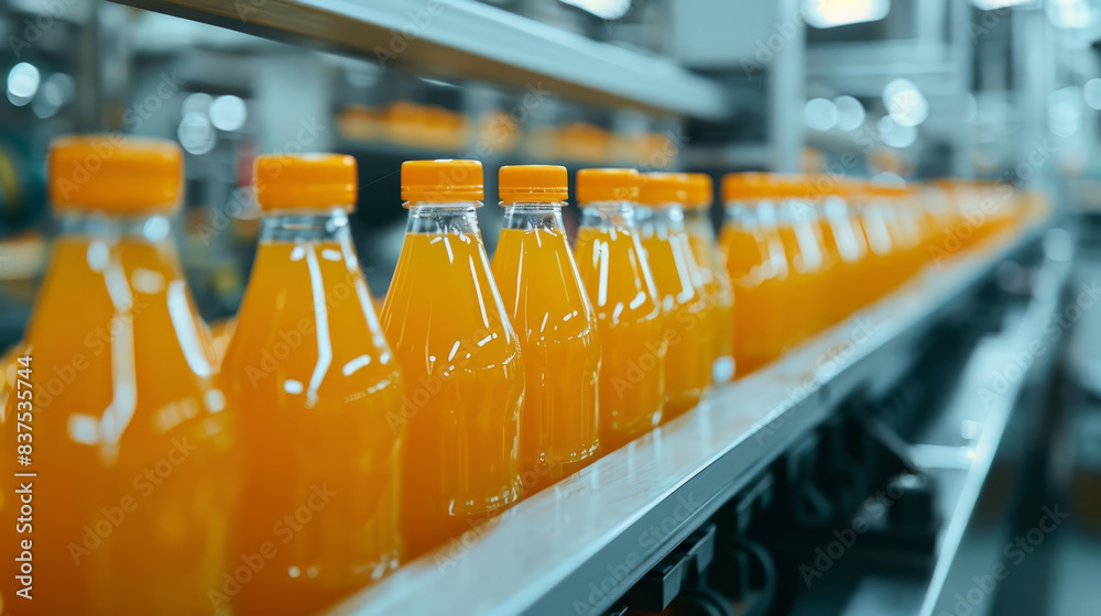 Bottles of orange juice on a conveyor belt Bottles of orange juice on a conveyor belt