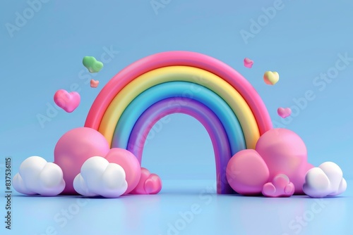 3d rainbows in candy pastel color yellow, pink, purple, blue. Cute plastic rainbow with clouds. 3d rendering spring illustration suitable for decoration of Birthday, product, banner