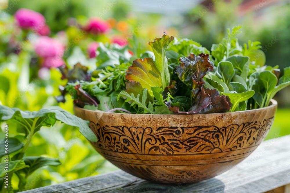 An intricately designed wooden bowl holding fresh salad greens generated by AI An intricately designed wooden bowl holding fresh salad greens generated by AI