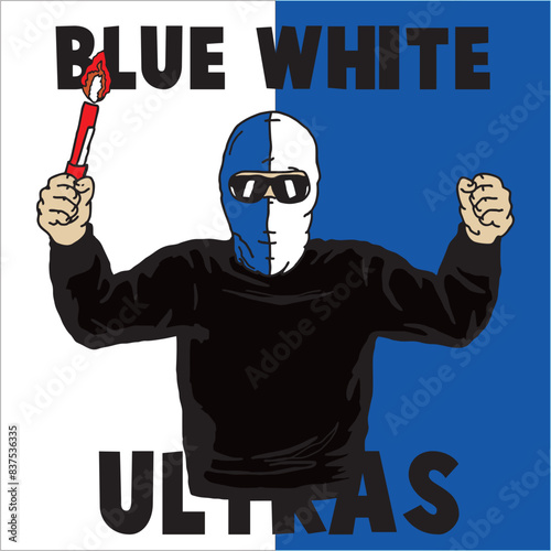 ultras football fans with color blue white and isolated with blue white background