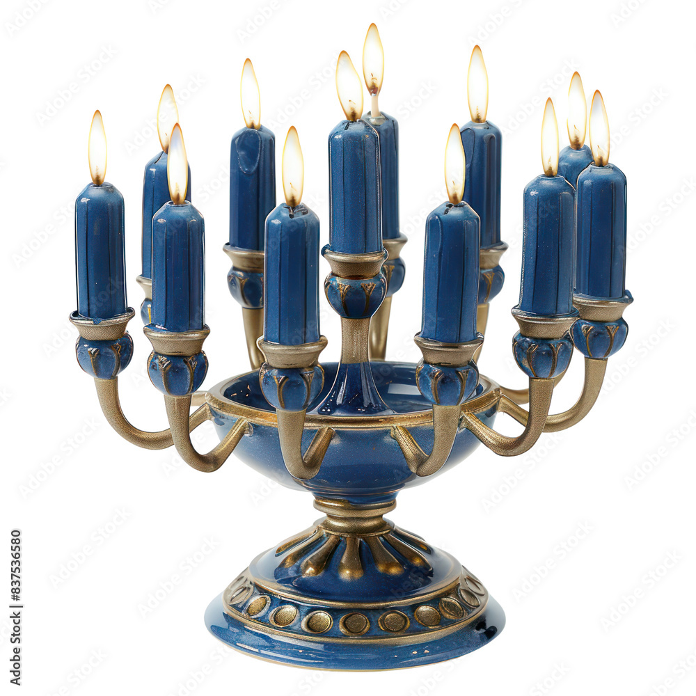Elegant blue and gold menorah with lit candles, perfect for Hanukkah celebrations. Beautiful antique decoration or festive centerpiece. transparent backgrounds Elegant blue and gold menorah with lit candles, perfect for Hanukkah celebrations. Beautiful antique decoration or festive centerpiece. transparent backgrounds