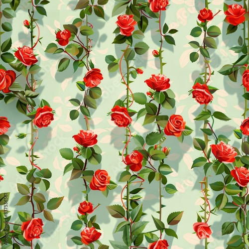 A seamless pattern background featuring a repeating design of cute red climbing roses in full bloom. The bright red flowers climb playfully on a trellis or wall, creating a sweet and cheerful