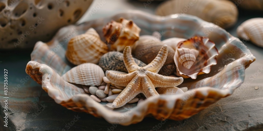Decorative bowl made of seashells, holding small beach treasures like starfish and pebbles generated by AI Decorative bowl made of seashells, holding small beach treasures like starfish and pebbles generated by AI