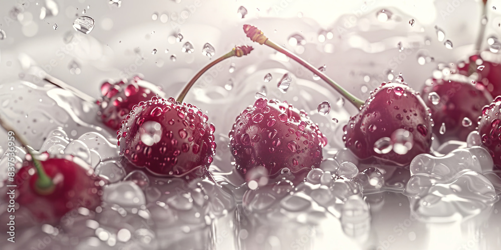 close up of fresh cherries, surrounded by water droplets and creating an atmosphere full of freshness and vitality, generative AI close up of fresh cherries, surrounded by water droplets and creating an atmosphere full of freshness and vitality, generative AI