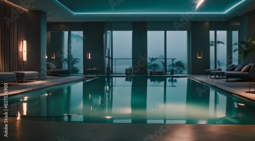 Modern luxury hotel interior with comfortable swimming pool