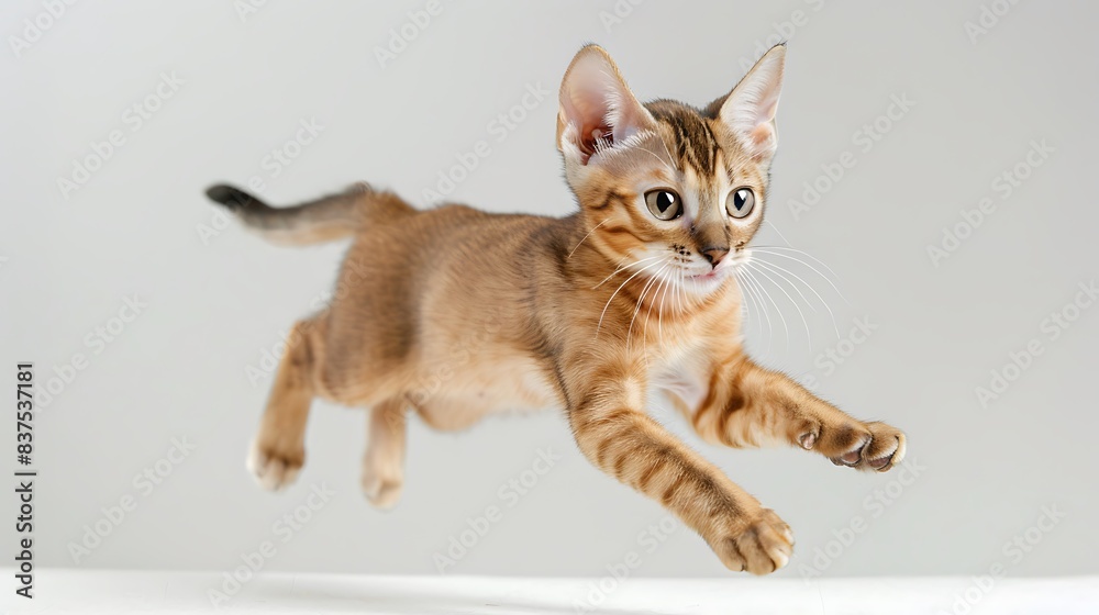 Obraz premium A playful Abyssinian kitten jumping mid-air, capturing its lithe body and short, ticked coat, with its large ears and almond-shaped eyes reflecting its energetic nature, white background