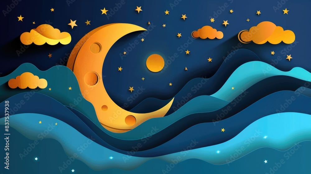 Flat design vector-style image of paper cut 3D dreamy moon with stars AI generated