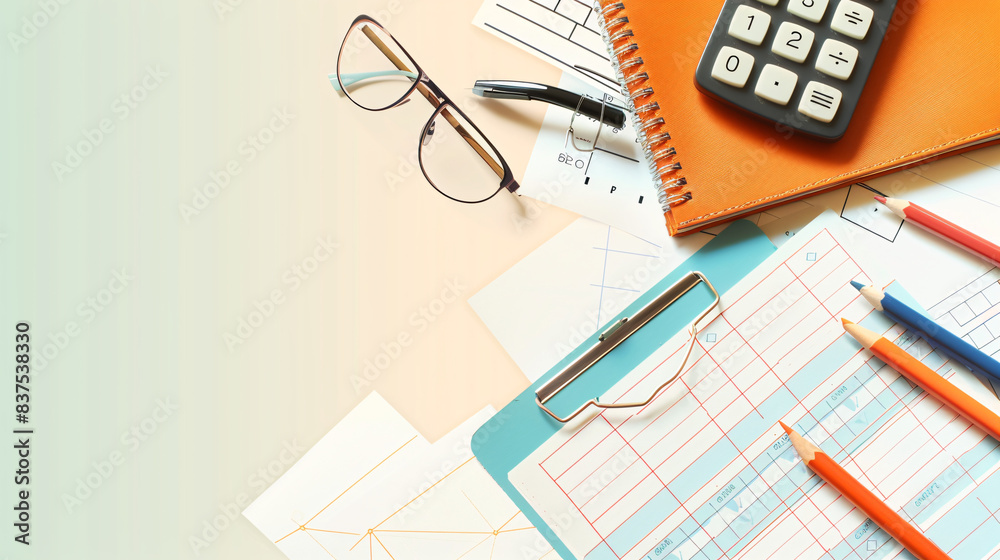 a copyspace of business and office themed style illustration showcasing calculator, glasses, pencils and orange notebook a copyspace of business and office themed style illustration showcasing calculator, glasses, pencils and orange notebook