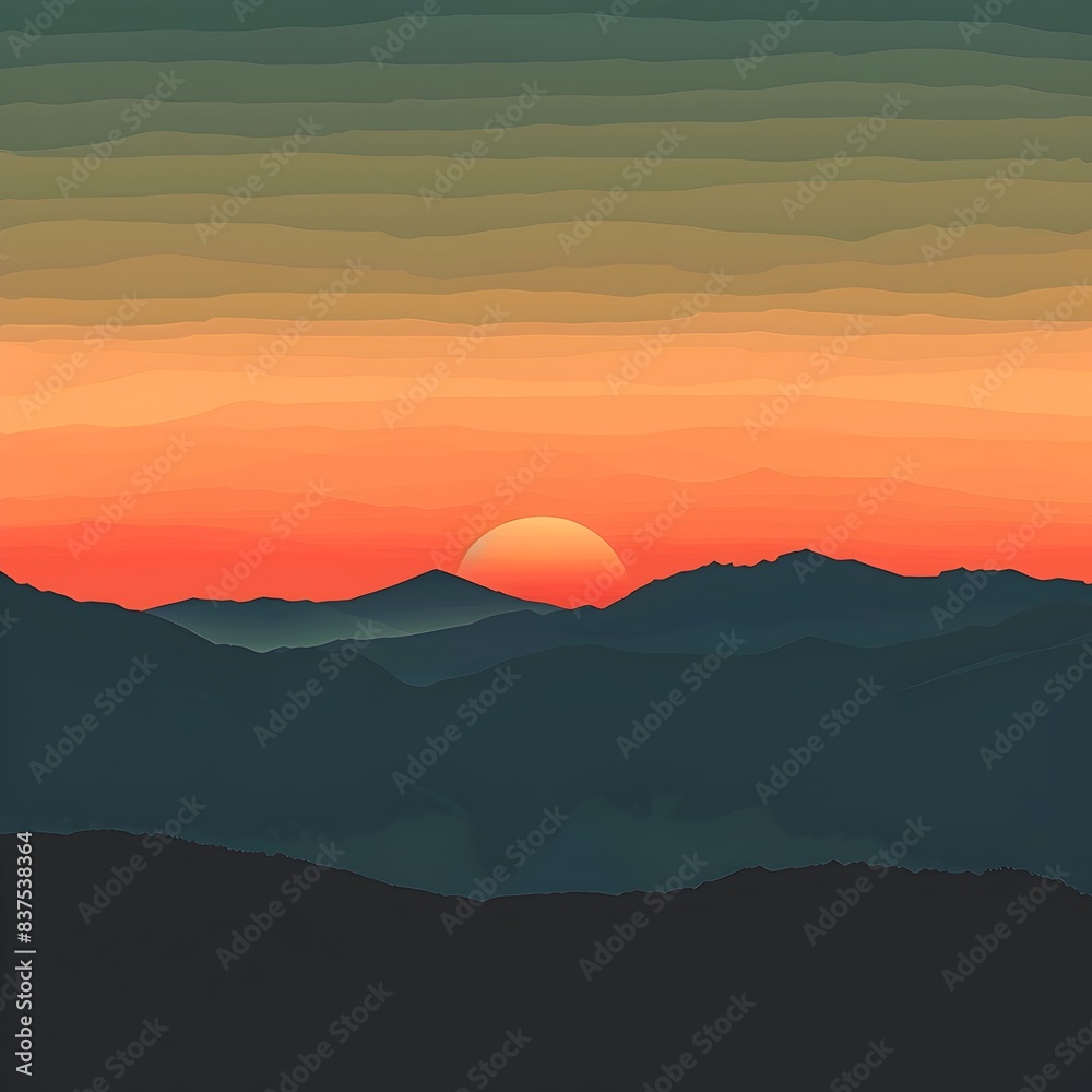 Serene Sunset Over Mountainous Landscape with Silhouetted Peaks Serene Sunset Over Mountainous Landscape with Silhouetted Peaks