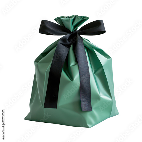Elegant green gift bag with a black silk ribbon on a plain white background, perfect for celebrations and special occasions. transparent backgrounds