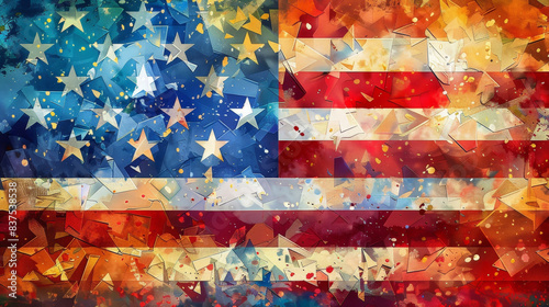 Grunge collage of American flags with a textured background