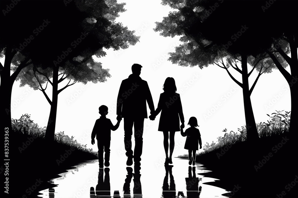 Silhouette of a Happy Family, Father, Mother and Son Walking Outdoors with Natural Scenery Silhouette of a Happy Family, Father, Mother and Son Walking Outdoors with Natural Scenery
