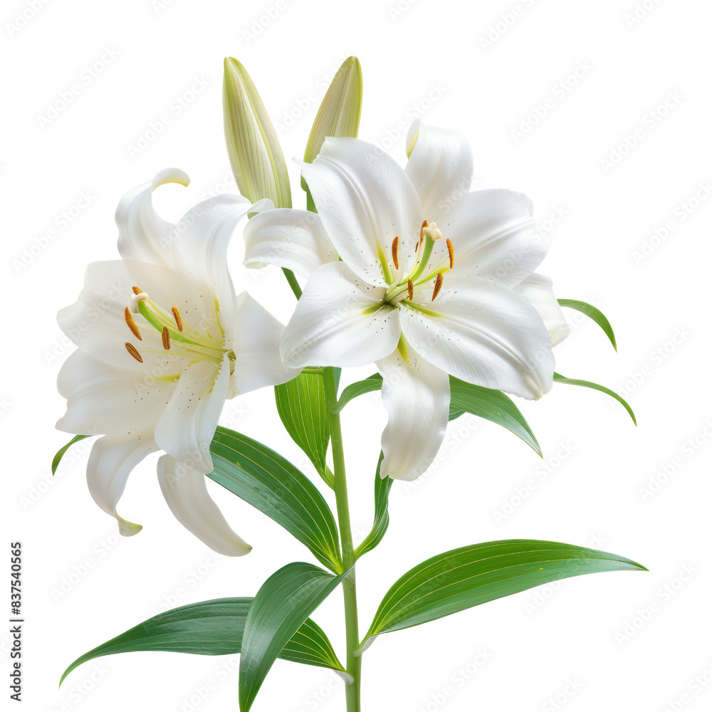 Elegant white lilies with lush green stems and leaves, beautifully captured on a clean white background, symbolizing purity and peace. transparent backgrounds Elegant white lilies with lush green stems and leaves, beautifully captured on a clean white background, symbolizing purity and peace. transparent backgrounds