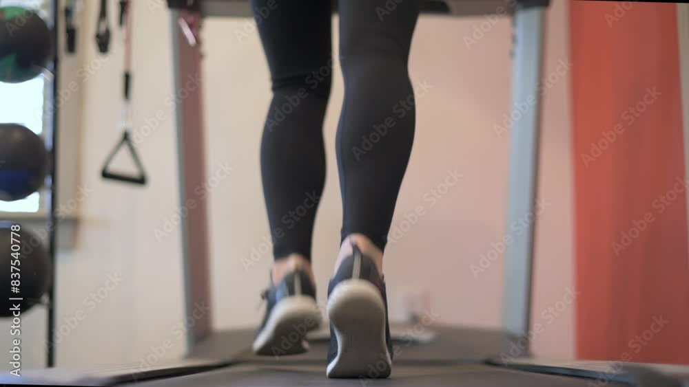 Close-up of a woman's legs in black leggings and sneakers running on a treadmill, focusing on the lower body workout, in a gym with orange walls. Close-up of a woman's legs in black leggings and sneakers running on a treadmill, focusing on the lower body workout, in a gym with orange walls.