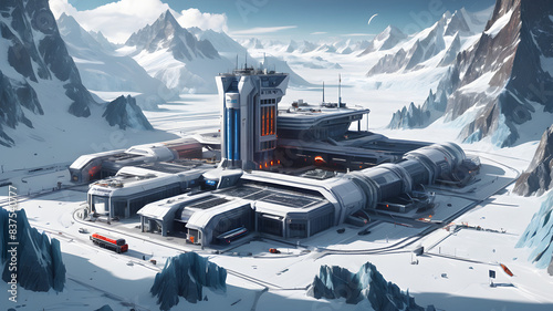 A high-tech space station located in the center of the country on a glacier with energy cannons. It includes a fire station, police station, hospital, train station, and military base. photo