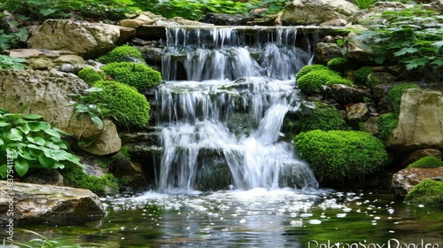 Close up look of sparkling crystal-clear waterfalls cascading down moss-covered rocks