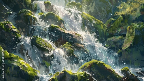 Close up picture of sparkling crystal-clear waterfalls cascading down moss-covered rocks