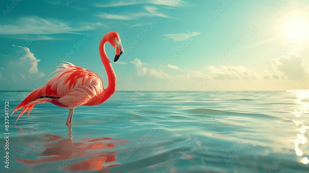 Fototapeta premium A pink flamingo is standing in the water