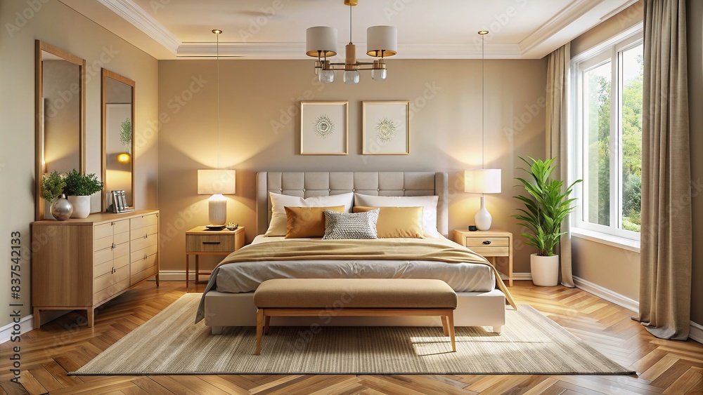 Light bedroom interior with double bed tables and warm color scheme