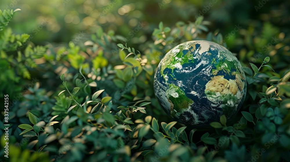 A small globe Earth is sitting in a field of green grass A small globe Earth is sitting in a field of green grass