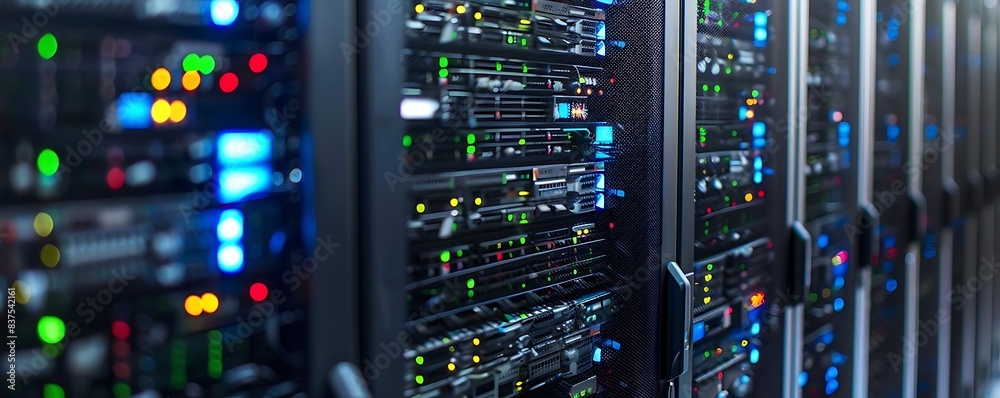 a server room with a variety of servers, including a large one on the left, a smaller one in the center, and a smaller one on the right a server room with a variety of servers, including a large one on the left, a smaller one in the center, and a smaller one on the right