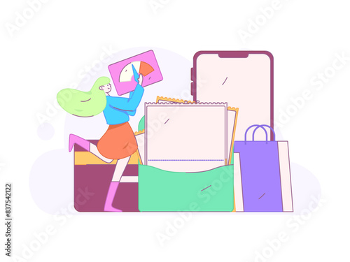 Holiday shopping people doing e-commerce online shopping flat vector concept operation hand drawn illustration
