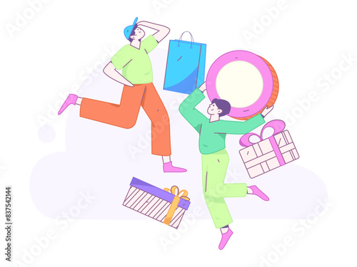 Holiday shopping people doing e-commerce online shopping flat vector concept operation hand drawn illustration
