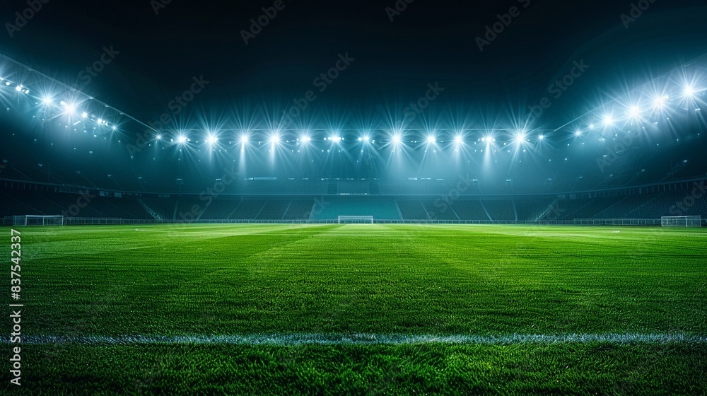 Soccer stadium lights shining brightly on the green field night scene emphasizing the anticipation and energy of the game